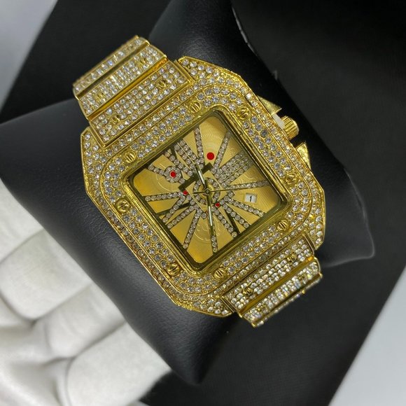 Luxury Square 18K Gold Plated Men's Bling Hip Hop Iced Out Watch - Picture 2 of 6